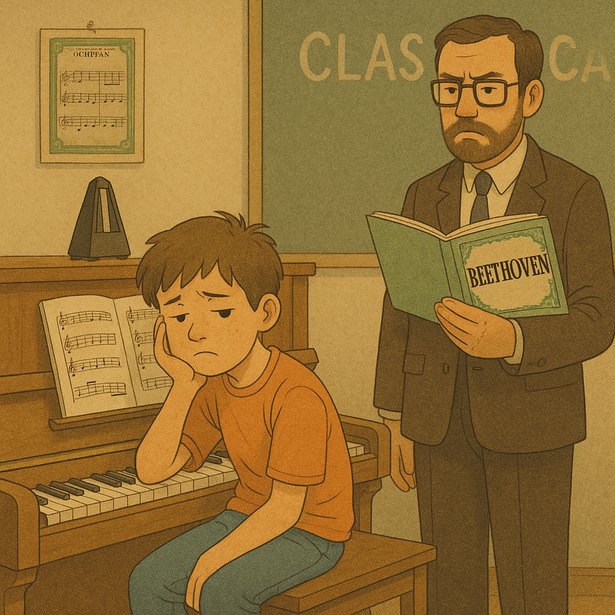 Niño aburrido estudiando piano con profesor