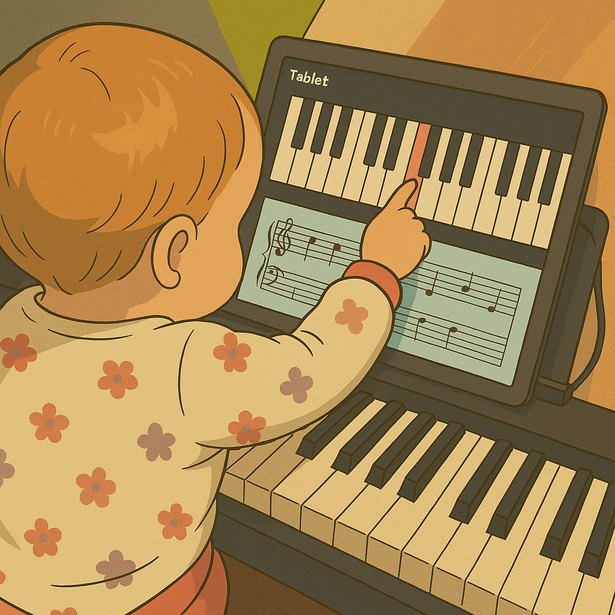 Maia tocando una partitura interactiva en la tablet sobre el piano