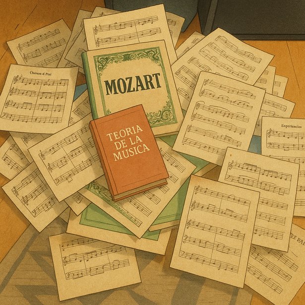 Montón de partituras y libros de teoría de la música